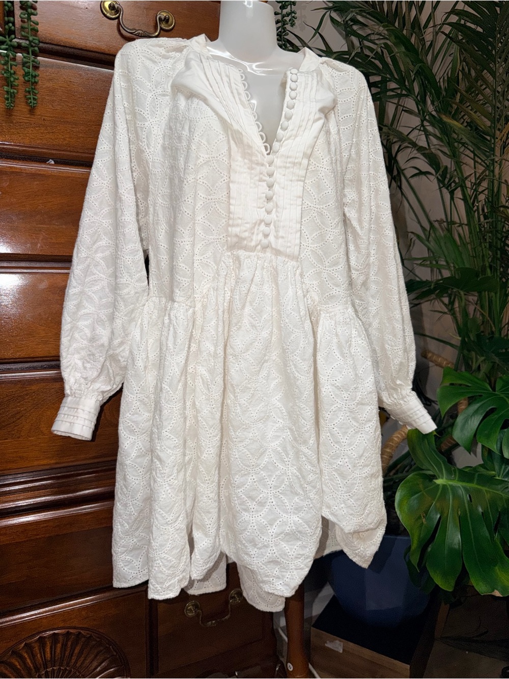 White Eyelet Cotton Long-Sleeve Tunic Shirt  Dress